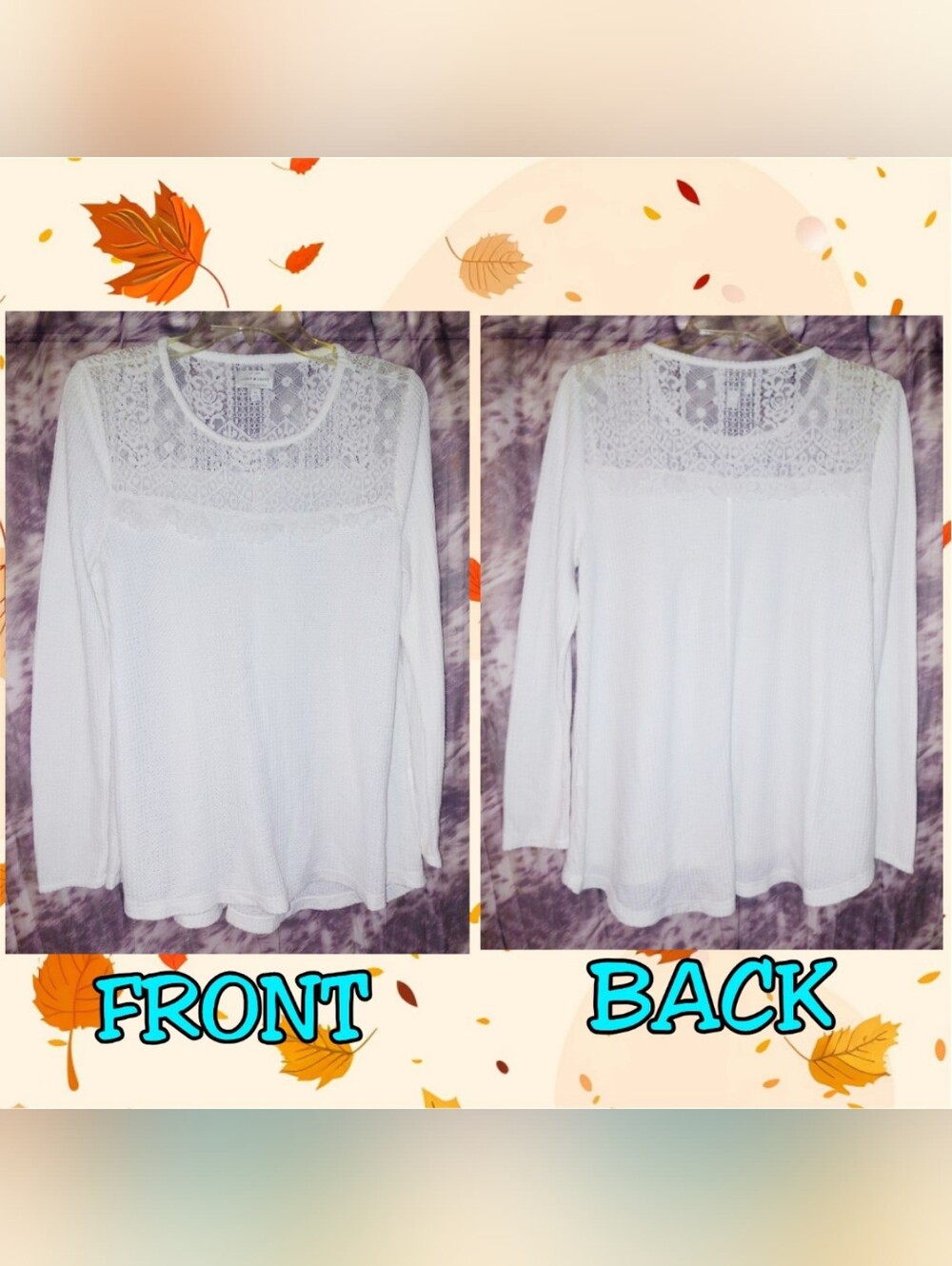 Lucky Brand brand Ivory L/S Soft Waffle Knit Hi-Lo Top w/Sheer Lace Yoke Sz Med - Picture 2 of 9